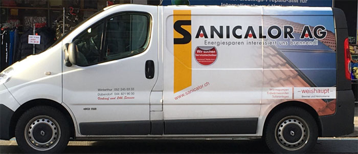 Bild eines Servicewagens mit dem Logo der Firma Sanicalor AG